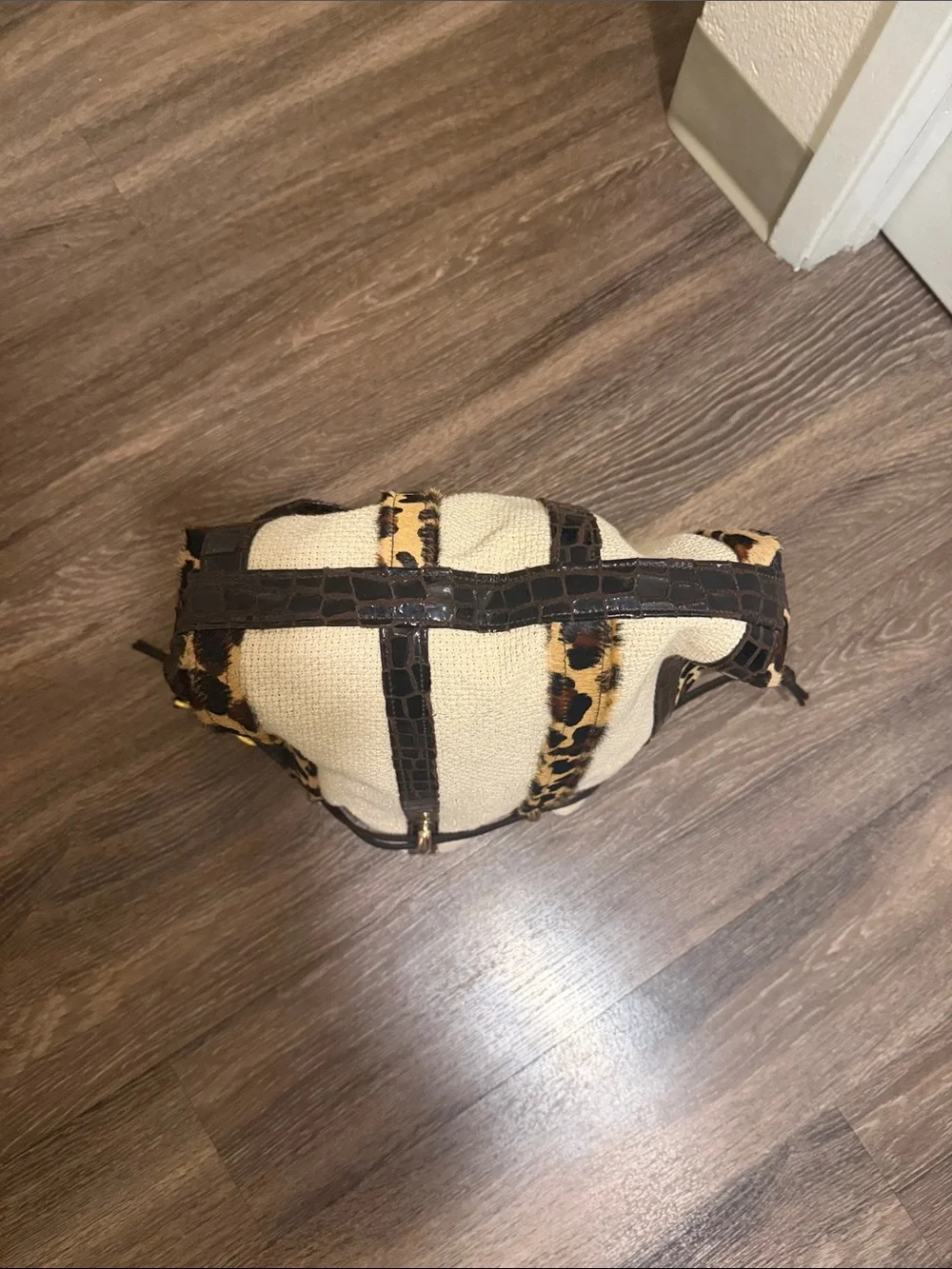 Woven Cream & Leopard Drawstring Shoulder Bag